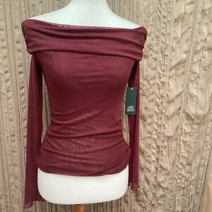 Wild Fable 🆕 Off-Shoulder Burgundy Long Sleeve Mesh Top, lined top, stretchy, Sm